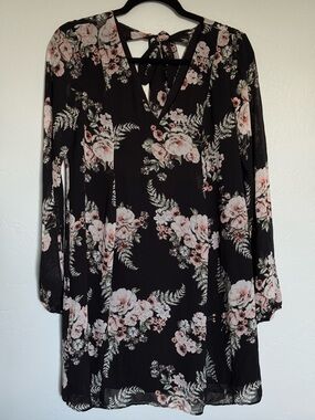 BCBGeneration Black Floral Tie-Back Long Sleeve Dress